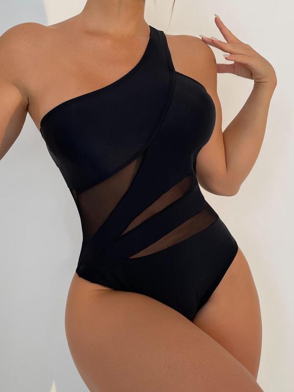 Women's Contrast Mesh One Shoulder One-piece Swimsuit, Solid Backless Asymmetrical Neck Sheer Swimwear for Beach Holiday Vacation, Ladies Summer Clothes