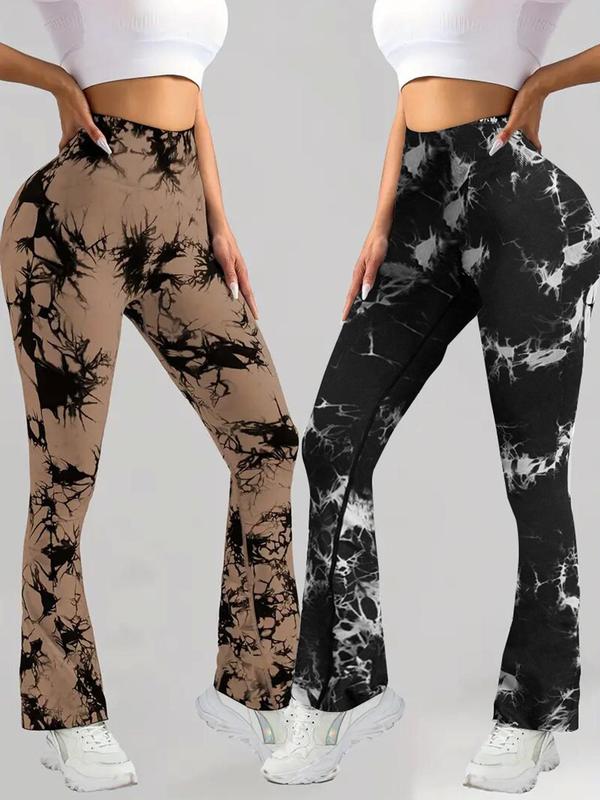 Women's All Over Print Ruched High Waist Sports Flare Leg Leggings, Casual Comfy Breathable Bell Bottom Trousers for Yoga Gym Workout Running, Ladies Sportswear for All Seasons