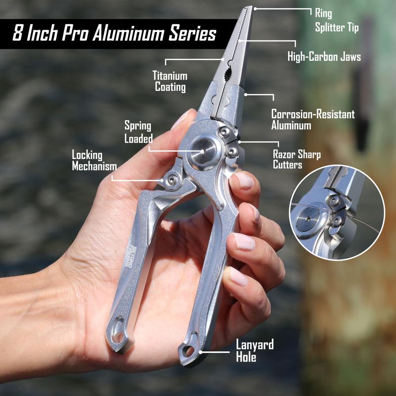 Beyond Fishing Pro Aluminum Series 8 Inch Multifunction Fishing Pliers, Saltwater Resistant Fishing Cutter, Tungsten Carbide Cutters, Corrosion Resistant Teflon Coating with Sheath