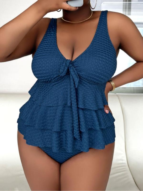 Plus Size Textured Tiered Layer Ruffle Hem Tankini Set, Casual Tie Front Tank Top & Panty Swimsuit Set, Bathing Suits 2024, Summer Tummy Control Swimwear