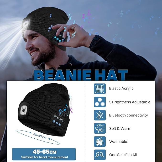 Bluetooth Beanie Hat with Light, Headlamp Cap with Headphones and Built-in Speaker Mic, Gifts for Men Women