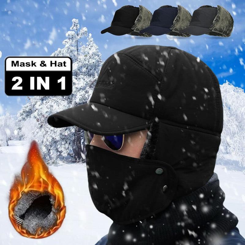 Men's Winter 3 in 1 Thermal Fur Lined Trapper Hat with Ear Flap Full Face Warmer Cover Windproof Cycling Motorcycle Headwear with Removable Mask