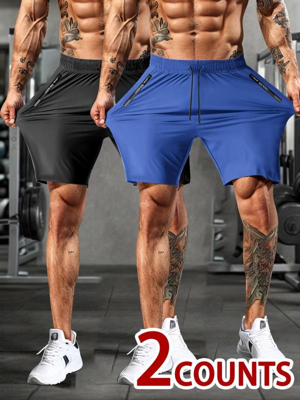 Men's Solid Color Drawstring Waist Zipper Pocket Shorts, Regular Fit Casual Breathable Quick Drying Shorts for Gym Workout Running, Men's Bottoms for Summer