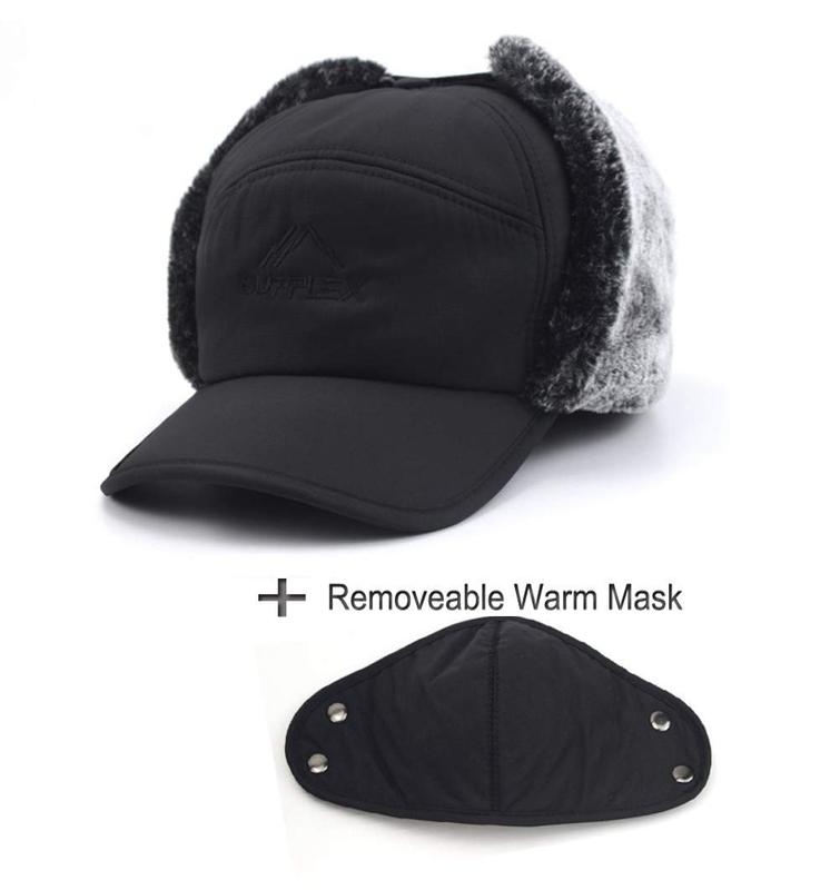 Men's Winter 3 in 1 Thermal Fur Lined Trapper Hat with Ear Flap Full Face Warmer Cover Windproof Cycling Motorcycle Headwear with Removable Mask