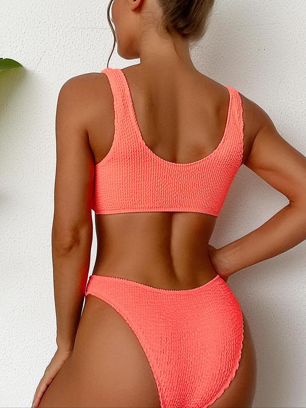 Women's Solid Backless Bikini Set, Casual Back to School Twist Push Up Swim Top & High Cut Swim Bottom, Ladies Swimwear for Summer Beach Holiday Vacation