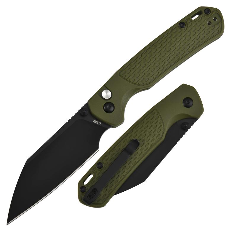 CJRB Pyrite-Light J1945 AR-RPM9 Steel Blade FRN Handle Pocket Knife for Men Outdoor Hiking, Camping, Black PVC Green