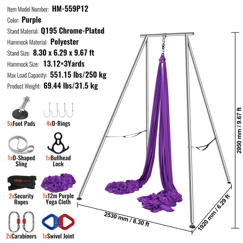 VEVOR Aerial Yoga Frame & Yoga Hammock, 9.67 ft Height Professional Yoga Swing Stand Comes with 13.1 Yards Aerial Hammock, Max 551.15 lbs Load Capacity Yoga Rig for Indoor Outdoor Aerial Yoga, Purple