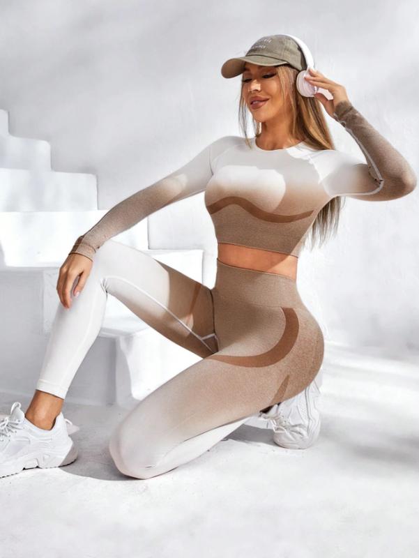 Sport Studio Women's Ombre Long Sleeve Top & Top & Legging Workout Set Outfit Set