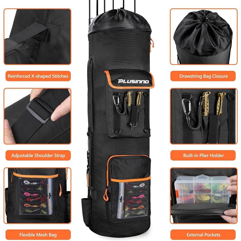 Fishing Backpack with Rod Holders, Large Storage Fishing Tackle Bag Holds 6 Rods & Reels, Foldable Fishing Rod Bag Case for Fishing Gear Equipment, Fishing Gifts for Men, Black