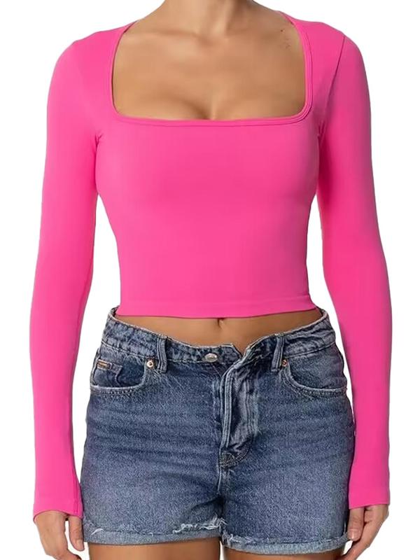 Women's Solid Square Neck  Crop Sports Tee, Sporty Long Sleeve T-shirt for Yoga Gym Workout, Ladies Sportswear for Fall & Winter