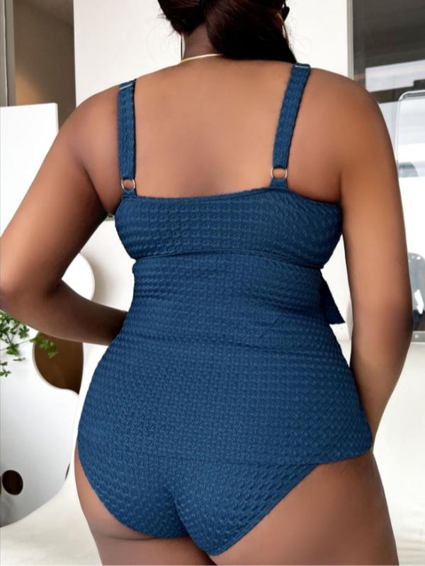 Plus Size Textured Tiered Layer Ruffle Hem Tankini Set, Casual Tie Front Tank Top & Panty Swimsuit Set, Bathing Suits 2024, Summer Tummy Control Swimwear