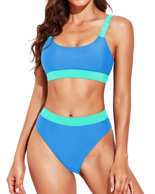 Tempt Me Women Two Piece High Waisted Bikini Swimsuits with Bottoms Teen Scoop Neck Sport Bathing Suits Plus Size Swimsuit Padded Push Up Swimsuit Swimwear with High Rise Cut Cheeky Bikini Bottom