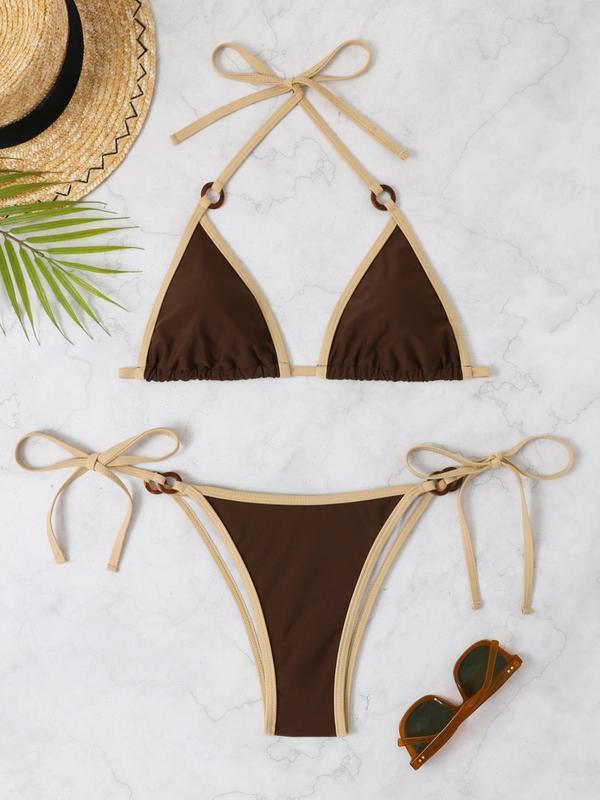 Two-Piece Set Women's Contrast Binding Ring Linked Bikinis for Summer 2024, Summer Swimsuit Sets, Casual Halter Neck Tie Back Triangle Swim Bra & Tie Side Swim Bottom, Ladies Summer Swimwear for Beach Holiday Vacation