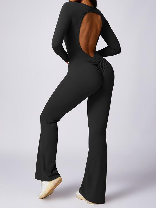 Women's Solid Backless Ruched Sports Tummy Control Jumpsuit, Long Sleeve Round Neck Flare Leg Jumpsuit for Yoga Gym Workout, Ladies Sportswear for All Seasons