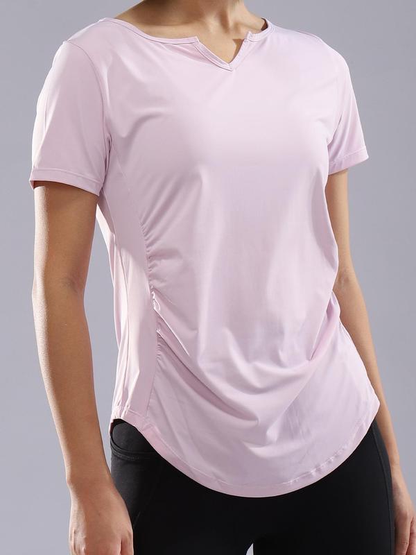 Women's Plain Ruched Notched Neck Sports Tee, Casual Short Sleeve T-shirt for Yoga Gym Workout Running, Ladies Sportswear Clothing for Summer