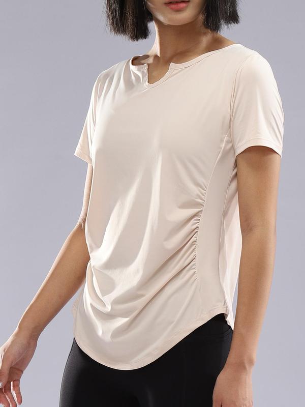 Women's Plain Ruched Notched Neck Sports Tee, Casual Short Sleeve T-shirt for Yoga Gym Workout Running, Ladies Sportswear Clothing for Summer