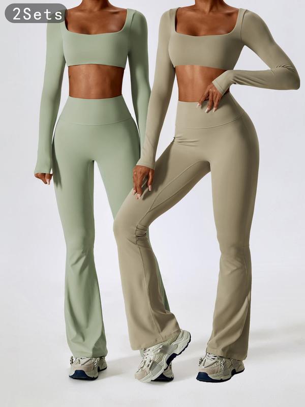 Women's Solid Square Neck Crop Top & High Waist Flare Leg Pants Tracksuit Set, Sporty Mufti Clothes, Fall Clothes, Longsleeves Top & Bell Bottom Trousers Two Piece Set Tracksuits for Yoga Work, Ladies' Clothes, Fall Outfits, Fallfreshness Clothes