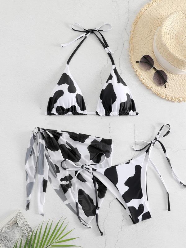 Women's Cow Print Halter Bikinis Set, Boho Triangle Swim Bra & Tie Side Swim Panty & Knotted Skirt for Beach Vacation, Swimsuit for Women, Ladies Summer Bathing Suits 2024