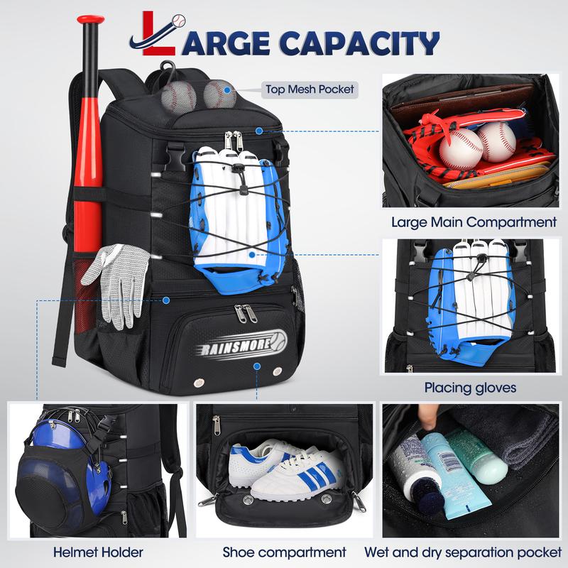 Baseball Bag for Youth & Adult Lightweight Softball Bat Bag with Shoe Compartment, External Helmet Holder and Fence Hook Waterproof Baseball Backpack Hold T-Ball, Bat and Softball Equipment