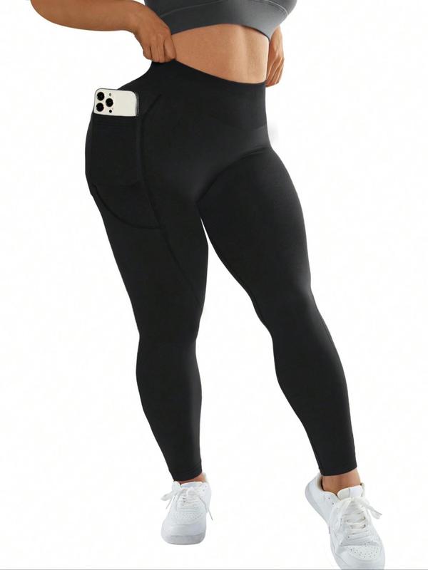  Solid High Waist Pocket Sports Leggings, Sporty Comfy Breathable High Stretch Skinny Pants for Yoga Gym Workout Running, Women's Sport & Outdoor Clothing for All Seasons