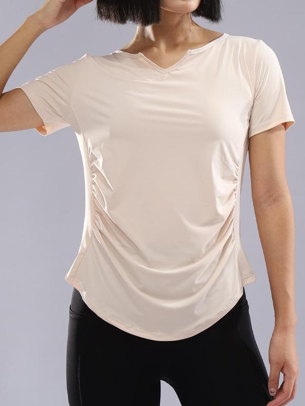 Women's Plain Ruched Notched Neck Sports Tee, Casual Short Sleeve T-shirt for Yoga Gym Workout Running, Ladies Sportswear Clothing for Summer