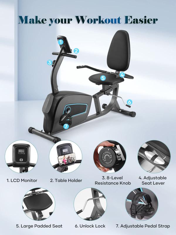 Exercise Bike Indoor Recumbent Exercise Bike Stationary with Adjustable Seat and 8 Resistance Level Seat Height Adjustment