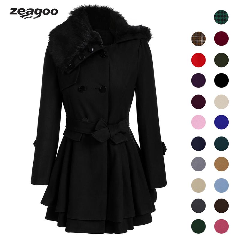 ZEAGOO Women's Fashion Faux Fur Lapel Double-Breasted Thick Wool Trench Coat Winter Warm Jacket S-2XL Black Friday