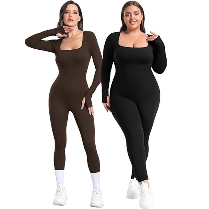 Black Friday Sale Nowazton Yoga Jumpsuits Workout Ribbed Long Sleeve Bodycon Stretch Outfits - Workout Outfits,Overalls, Womenswear