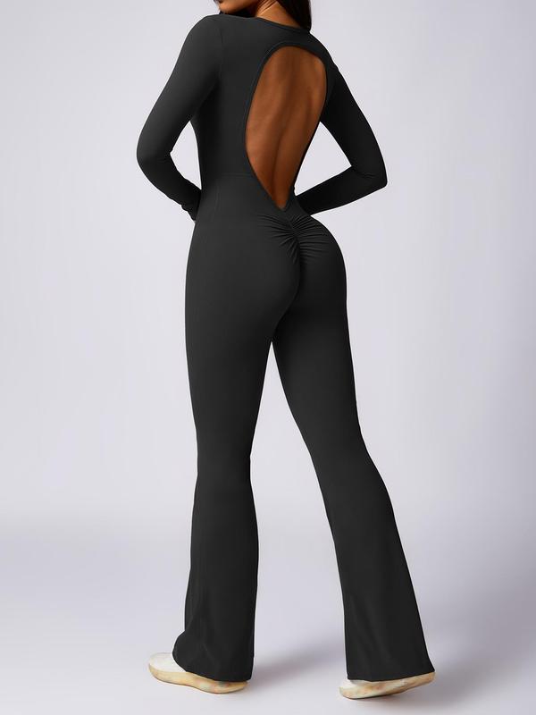 Women's Solid Backless Ruched Sports Tummy Control Jumpsuit, Long Sleeve Round Neck Flare Leg Jumpsuit for Yoga Gym Workout, Ladies Sportswear for All Seasons