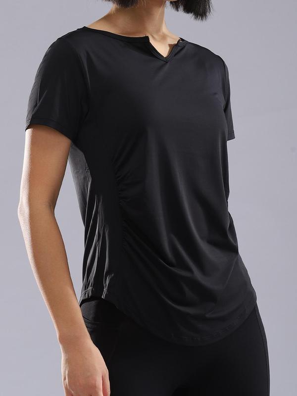 Women's Plain Ruched Notched Neck Sports Tee, Casual Short Sleeve T-shirt for Yoga Gym Workout Running, Ladies Sportswear Clothing for Summer