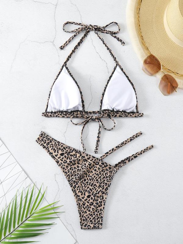 Two-Piece Set Women's Leopard Print Cut Out Tie Back Bikini for Summer, Halter Triangle Swim Top & High Cut Swim Bottom, Bathing Suits 2024 for Women, Sexy Bikinis Set, Swimsuit Sets for Summer Beach Vacation, Swimsuit for Women