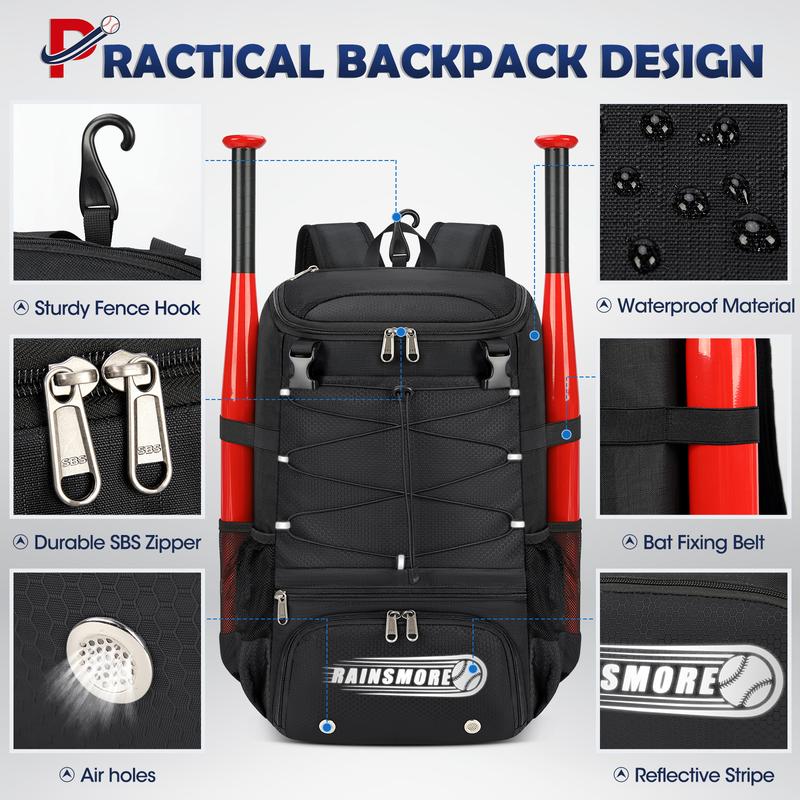 Baseball Bag for Youth & Adult Lightweight Softball Bat Bag with Shoe Compartment, External Helmet Holder and Fence Hook Waterproof Baseball Backpack Hold T-Ball, Bat and Softball Equipment