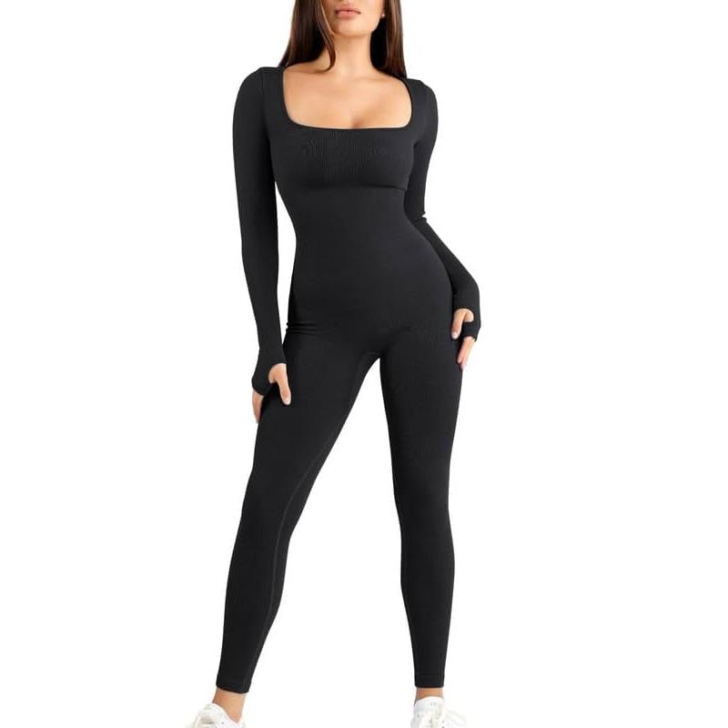 Black Friday Sale Nowazton Yoga Jumpsuits Workout Ribbed Long Sleeve Bodycon Stretch Outfits - Workout Outfits,Overalls, Womenswear