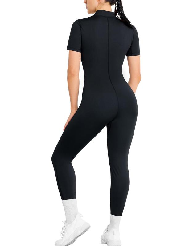 Women's Solid Zip Up Sauna Sports Jumpsuit, Casual Comfy Breathable Tummy Control Bodysuit for Yoga Gym Workout, Ladies Sportswear for All Seasons