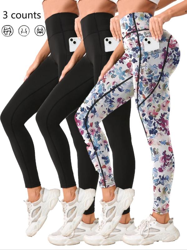 Women's Floral Print Pocket High Waist Sports Leggings, Sporty Comfy Breathable Skinny Pants for Yoga Gym Workout Running, Ladies Sportswear for All Seasons