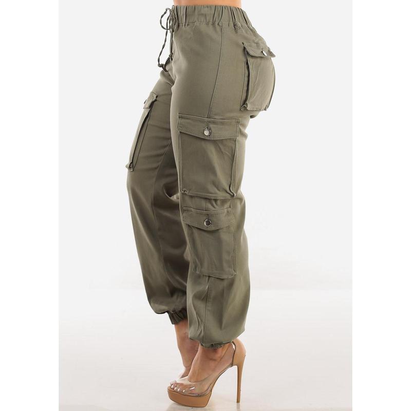 Drawstring Waist Hyper Stretch Cargo Jogger Pants Olive