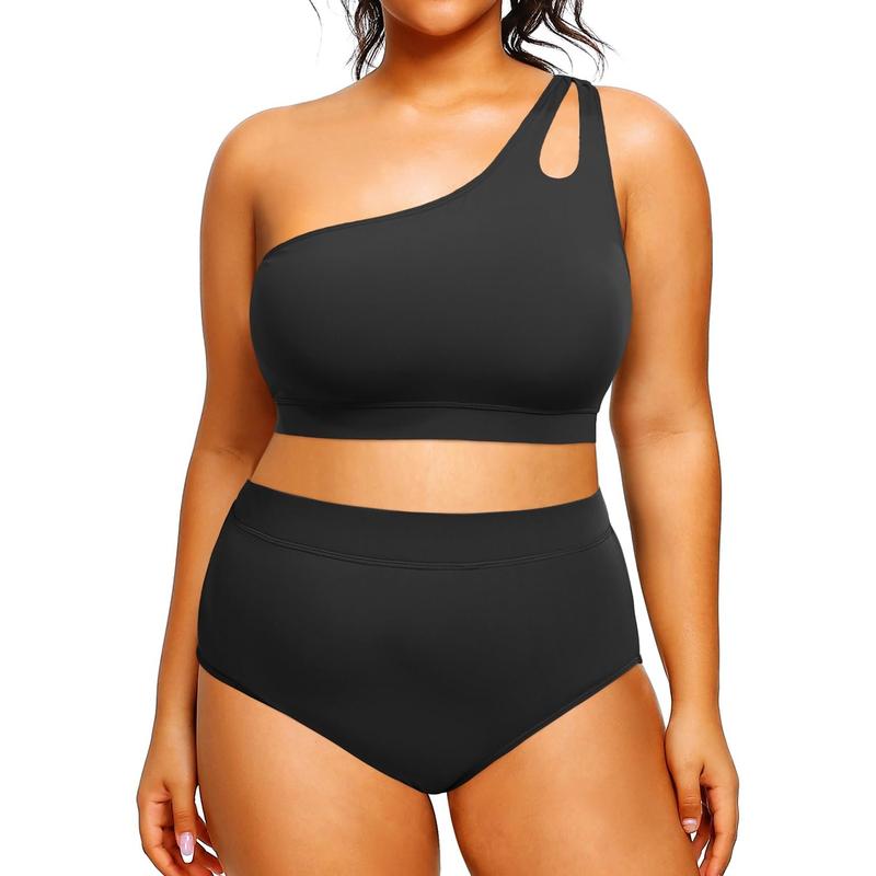 Tempt Me Womens Plus Size High Waisted Bikini Two Piece One Shoulder Swimsuit Keyhole Bathing Suits