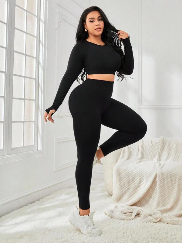 Plus Size Solid Tracksuit Set, Casual Round Neck Crop Top & High Waist Leggings, Women's Sportswear for Spring & Fall, Women Plus Size Sport & Outdoor Clothing, Gym Sets for Women, 2 Piece Sets Women, Workout Sets Women