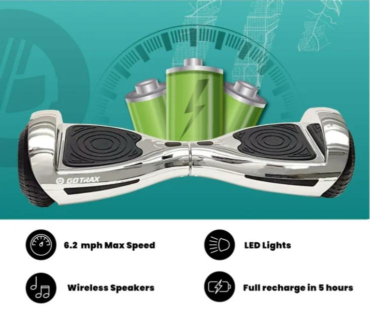 Gotrax Bluetooth Hoverboard with Chrome Finish – 6.2mph, Lightweight Design, for Ages 8+ and 176lb Weight Capacity