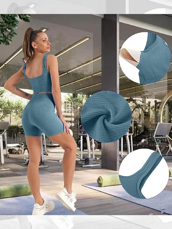 Women's Solid Color Backless Crop Tank Top & High Waist Shorts Sports Set, Scoop Neck Sleeveless Top & Skinny Shorts, Ladies Sportswear for Indoor Outdoor Wear