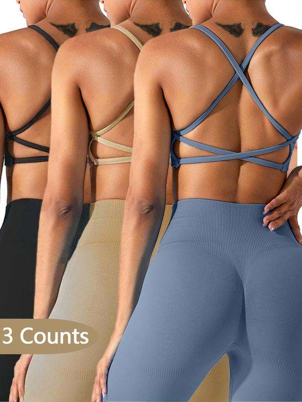 Women's Solid Criss Cross Sports Bra, 2024 New Style Breathable Comfortable High Stretch Sports Lingerie Top, Ladies Sportswear for Indoor Outdoor Wear