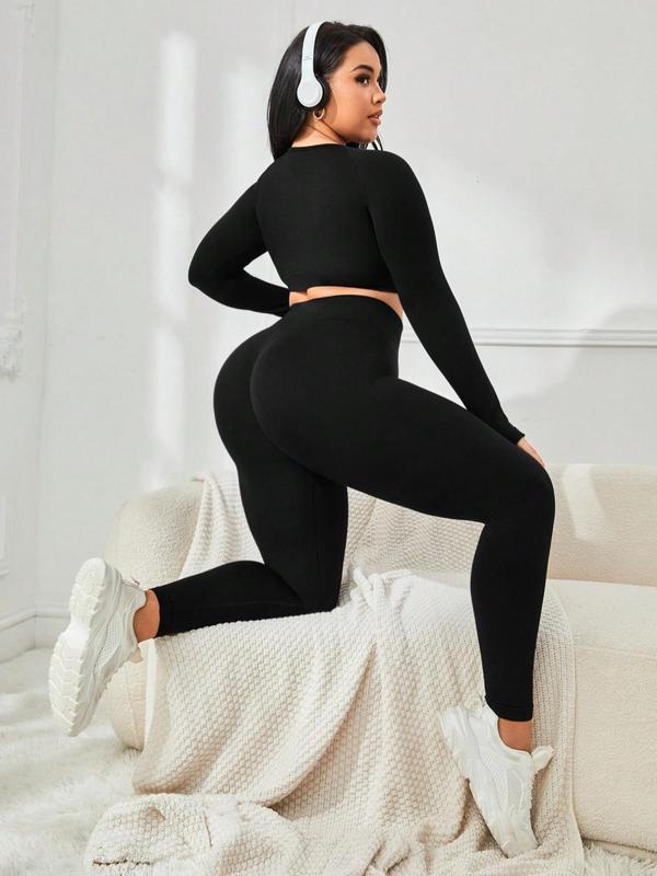 Plus Size Solid Tracksuit Set, Casual Round Neck Crop Top & High Waist Leggings, Women's Sportswear for Spring & Fall, Women Plus Size Sport & Outdoor Clothing, Gym Sets for Women, 2 Piece Sets Women, Workout Sets Women