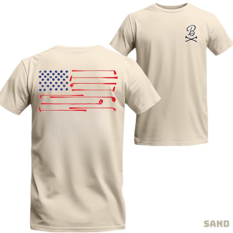 Barstool Golf T-Shirt - White unisex tee featuring a creative American flag design made from golf clubs, stylish sportswear ideal for golf enthusiasts in any activity.