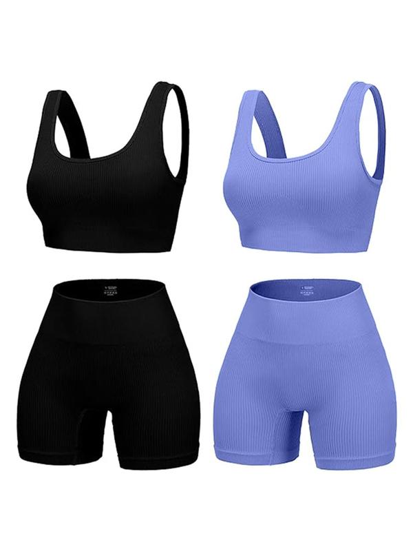 Women's Solid Color Backless Crop Tank Top & High Waist Shorts Sports Set, Scoop Neck Sleeveless Top & Skinny Shorts, Ladies Sportswear for Indoor Outdoor Wear