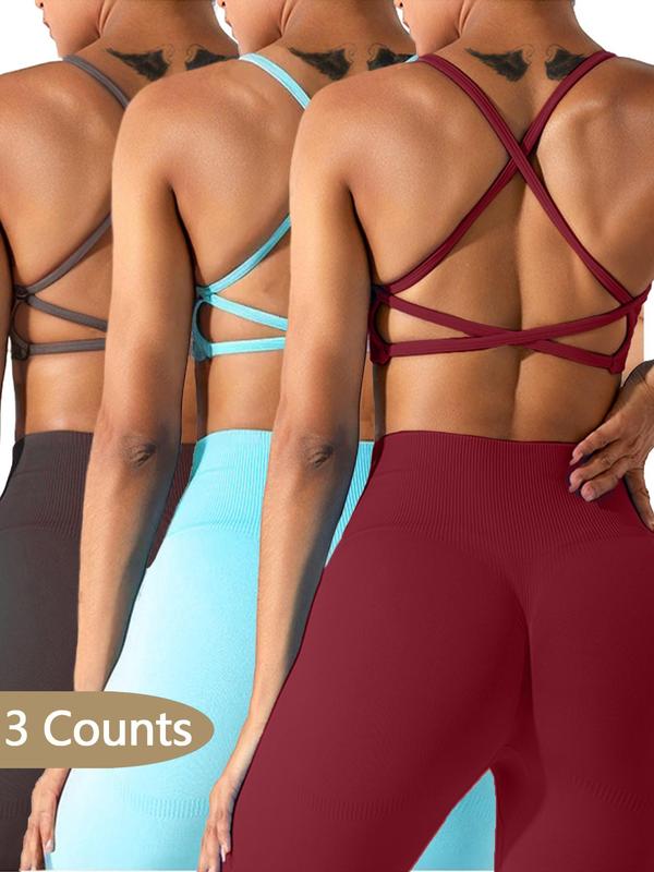 Women's Solid Criss Cross Sports Bra, 2024 New Style Breathable Comfortable High Stretch Sports Lingerie Top, Ladies Sportswear for Indoor Outdoor Wear