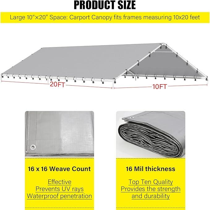 10 x 20 Ft Carport,Replacement Canopy Cover Garage Top Tent Shelter Tarp,Grey with 48 Ball Bungee Cords Waterproof & UV Protected (Only Tarp Cover, Frame Not Include)