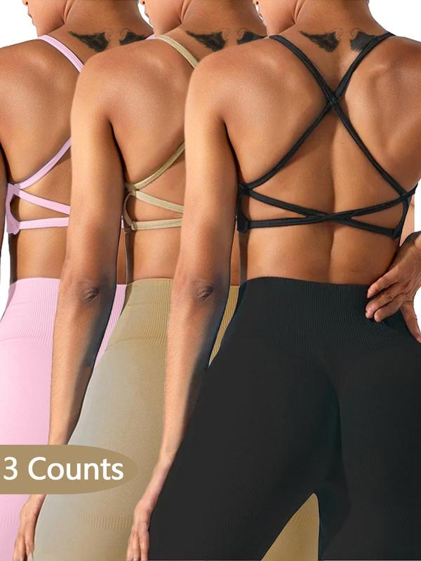 Women's Solid Criss Cross Sports Bra, 2024 New Style Breathable Comfortable High Stretch Sports Lingerie Top, Ladies Sportswear for Indoor Outdoor Wear