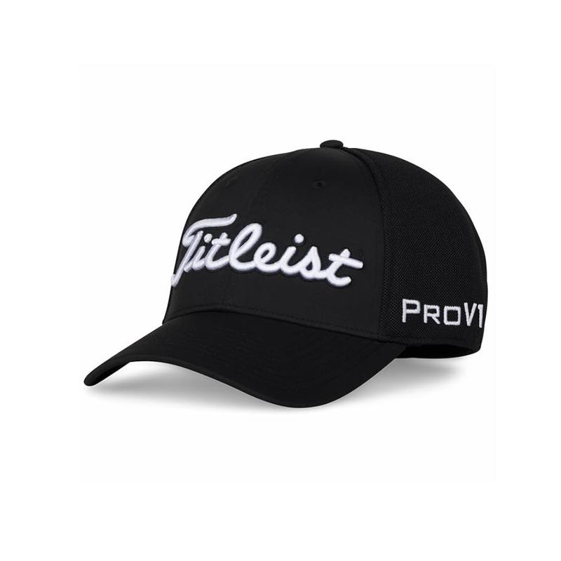 Titleist Men's Tour Performance Golf Hat - Black White - Structured Front Panel - Stretch Clasp Closure