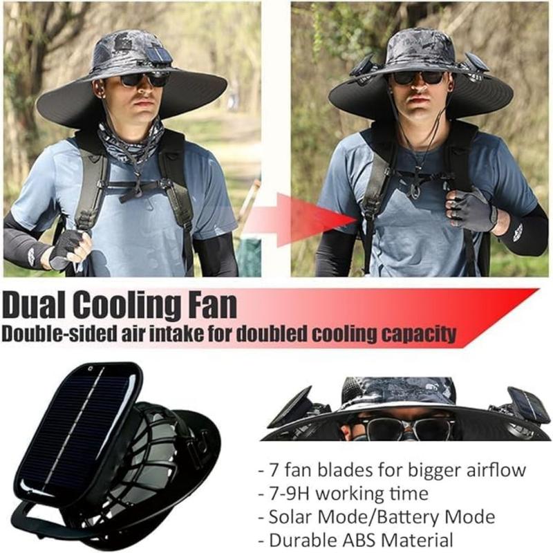 Outdoor Wide Brim Sun Hat with 2 Solar Fan Sun Bucket Hat for Men Women UPF 50+ Bucket Fishing & Beach Hat with Fan Built in