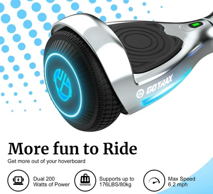 Gotrax Bluetooth Hoverboard with Chrome Finish – 6.2mph, Lightweight Design, for Ages 8+ and 176lb Weight Capacity